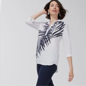 Chico's Linen Pop Over Top Palm Print Tunic Button Back Blouse Too Size 12